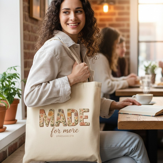 Made for More – Ephesians 2:10 Canvas Tote | Eco-Friendly Scripture Bag
